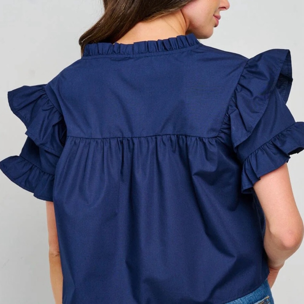 Blue Ruffled Mandarin Collar Blouse